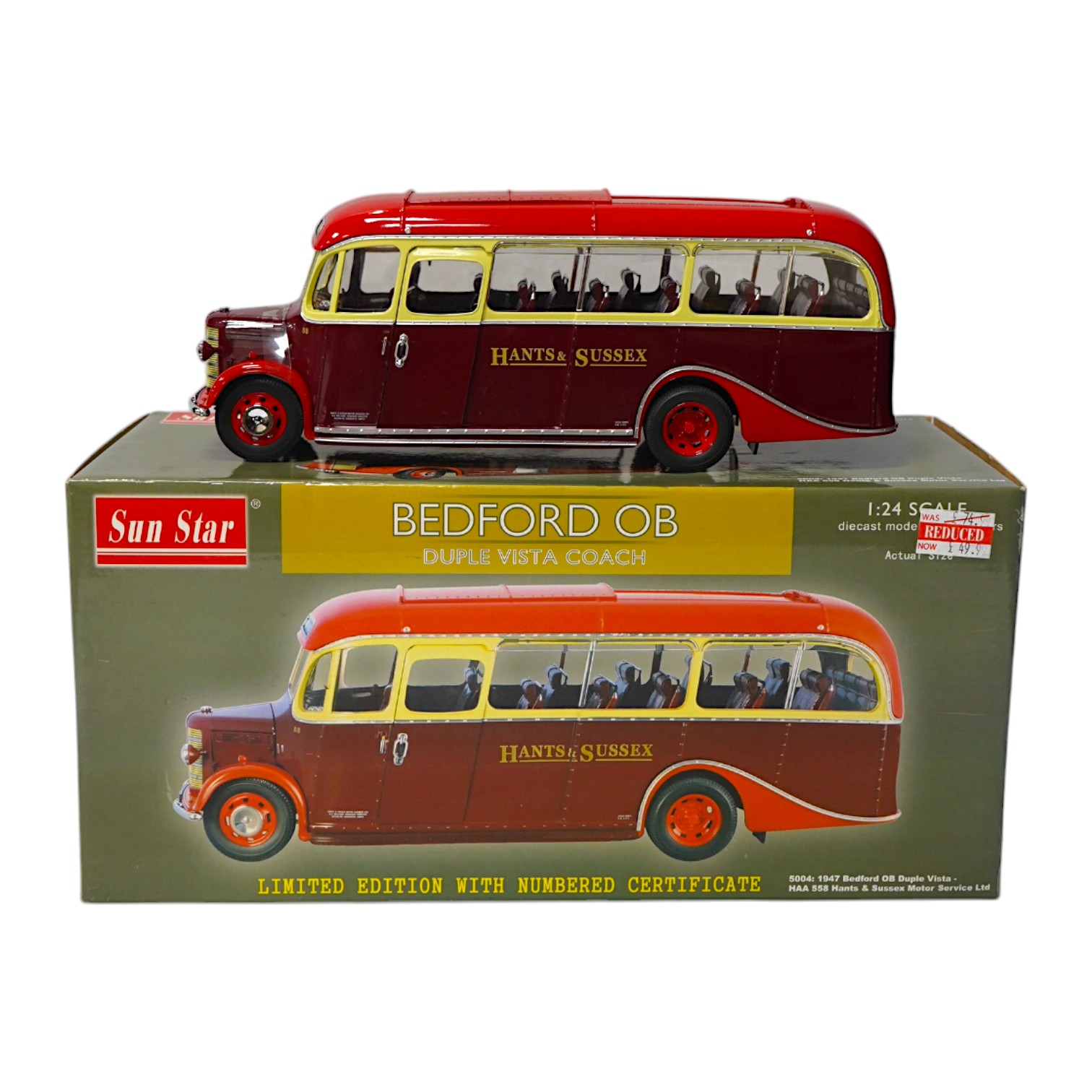 A boxed SunStar 1:24 scale Bedford OB Duple Vista coach, in Hants and Sussex delivery, with separate wing mirror and certificate. Condition - good, the model appears not to have been out on display.